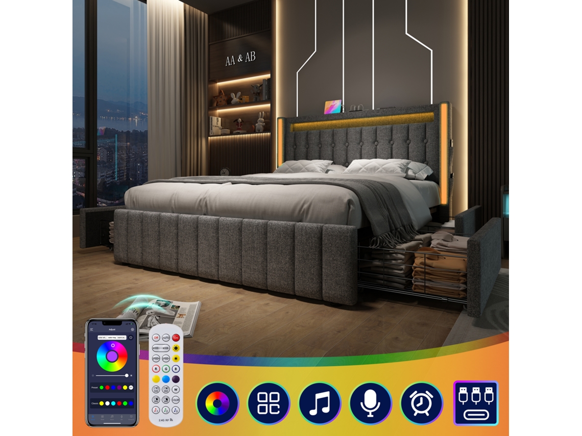 Cama Solteiro 140x200cm Com Usb C, Led E 4 Gavetas Cinza