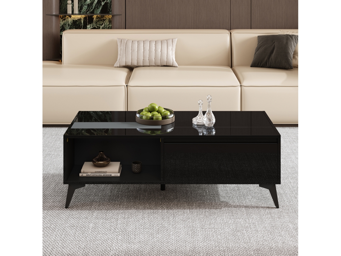 Mesa de centro moderna Preta Brilhante, elegante e multifuncional, mesa lateral dupla ajustável 110x50x48cm para sala de estar PAPRIKA (compacta)