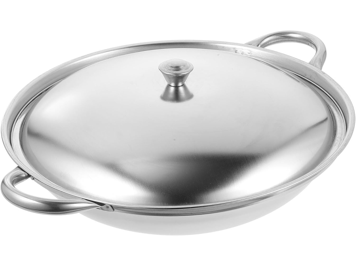 Wok De Aço Inoxidável Com Alça Dupla Tampa, Projetado Para Cozinhar Sem Ferver Em Cozinhas