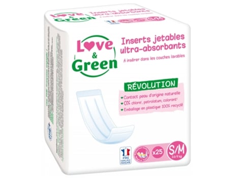 Fraldas descartáveis ultra absorventes Love & Green para fraldas de pano S/M 25 Fraldas descartáveis LOVE & GREEN