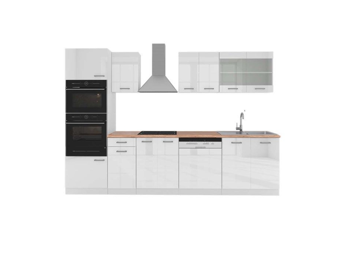 Cozinha R-Line, 300 cm com armário alto, PT Carvalho, branco brilhante/branco, Vicco