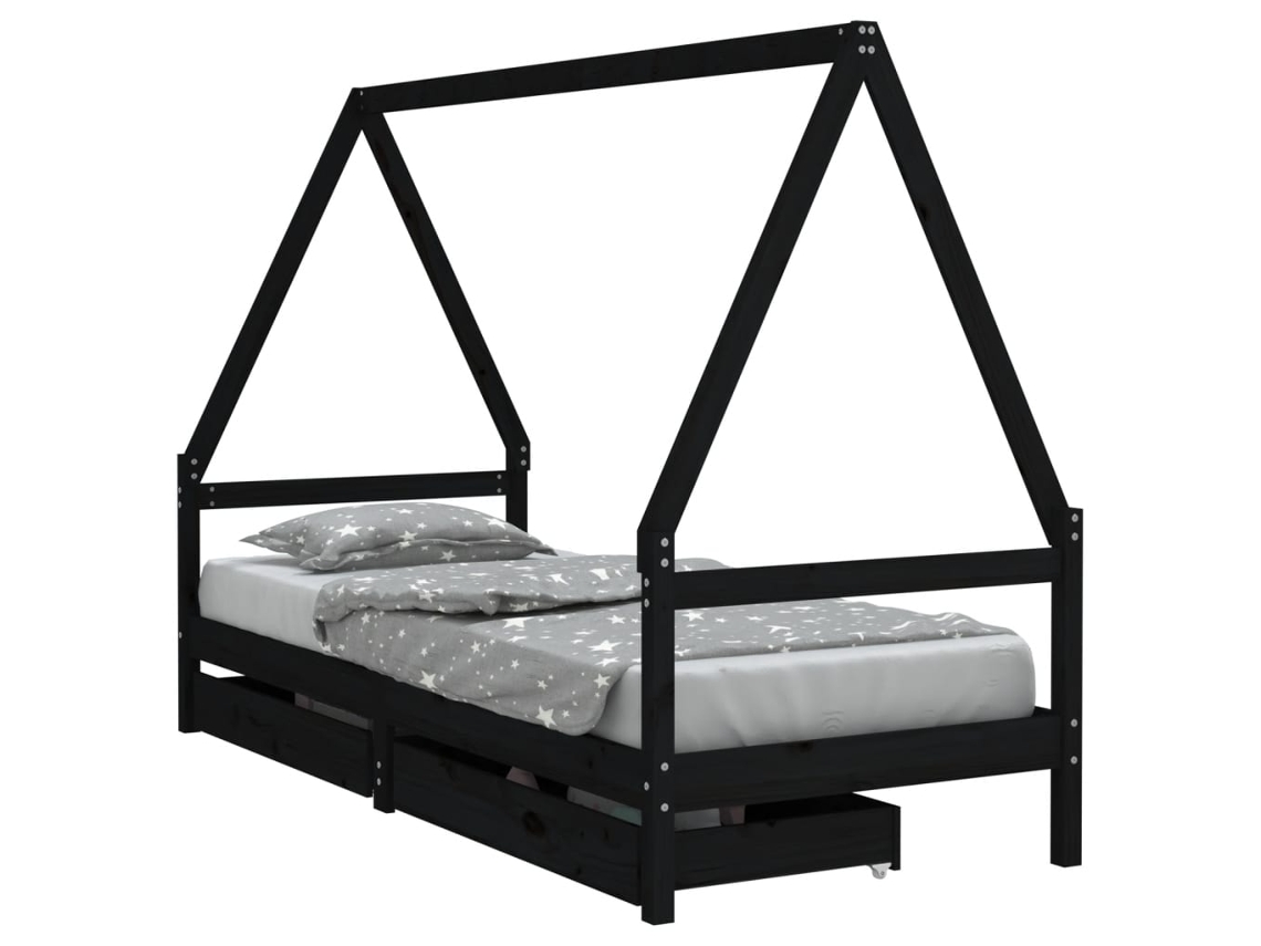 Estrutura de Cama Infantil com Gavetas Pinho Maciço Preto MAISON EXCLUSIVE (90x200 cm)
