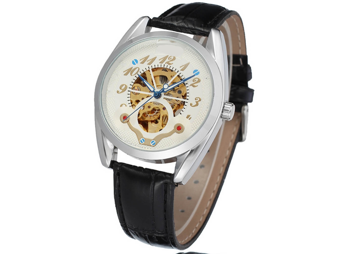Relógio Automático Masculino de Mecânica Totalmente Oco Resistente À Água Prata Branco Ouro