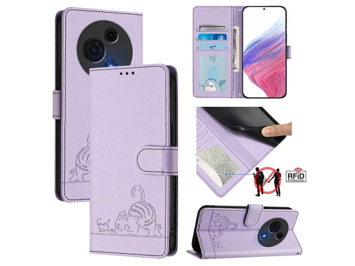 Capa De Couro Para Celular Com Padrão Rfid Em Relevo De Gato E Rato Com Cordão