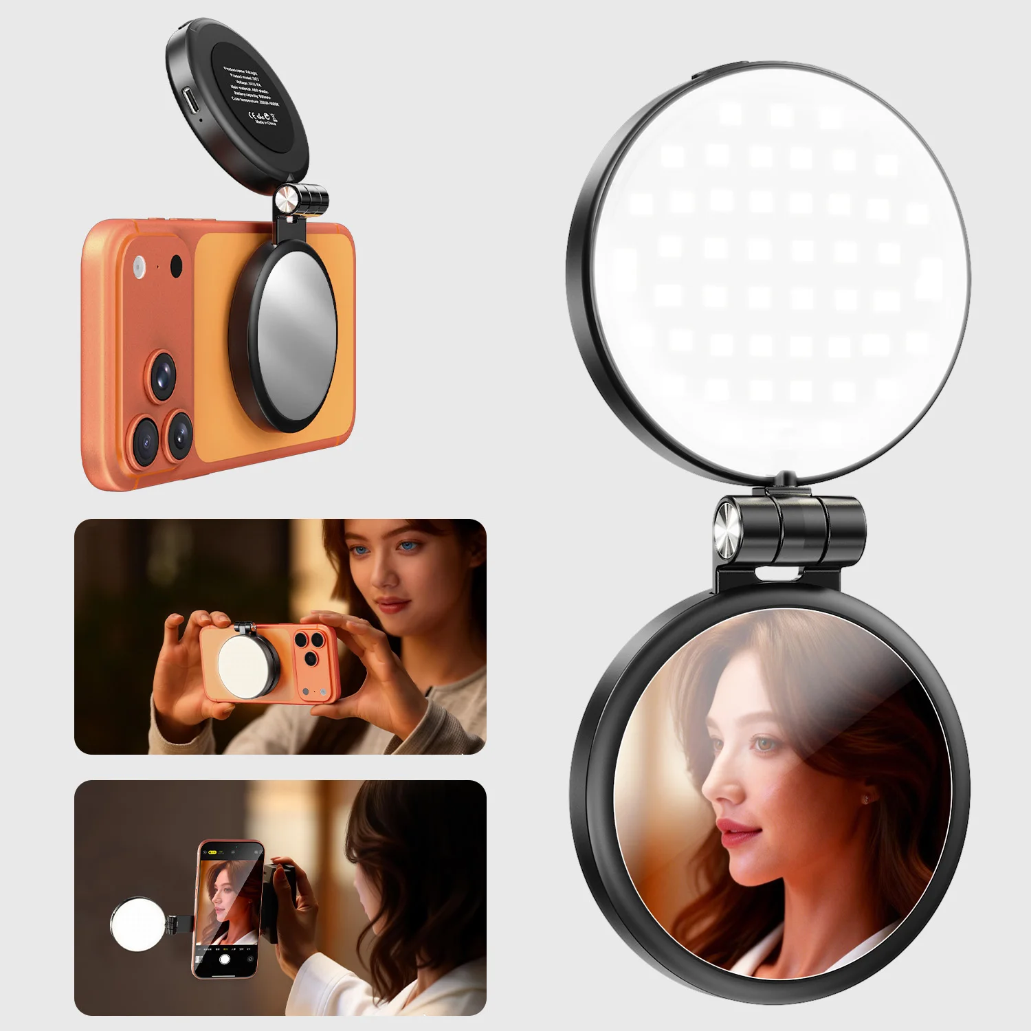 Mini Luz De Preenchimento Magnética Para Selfies, 3 Modos, Brilho Ajustável, Com Espelho.