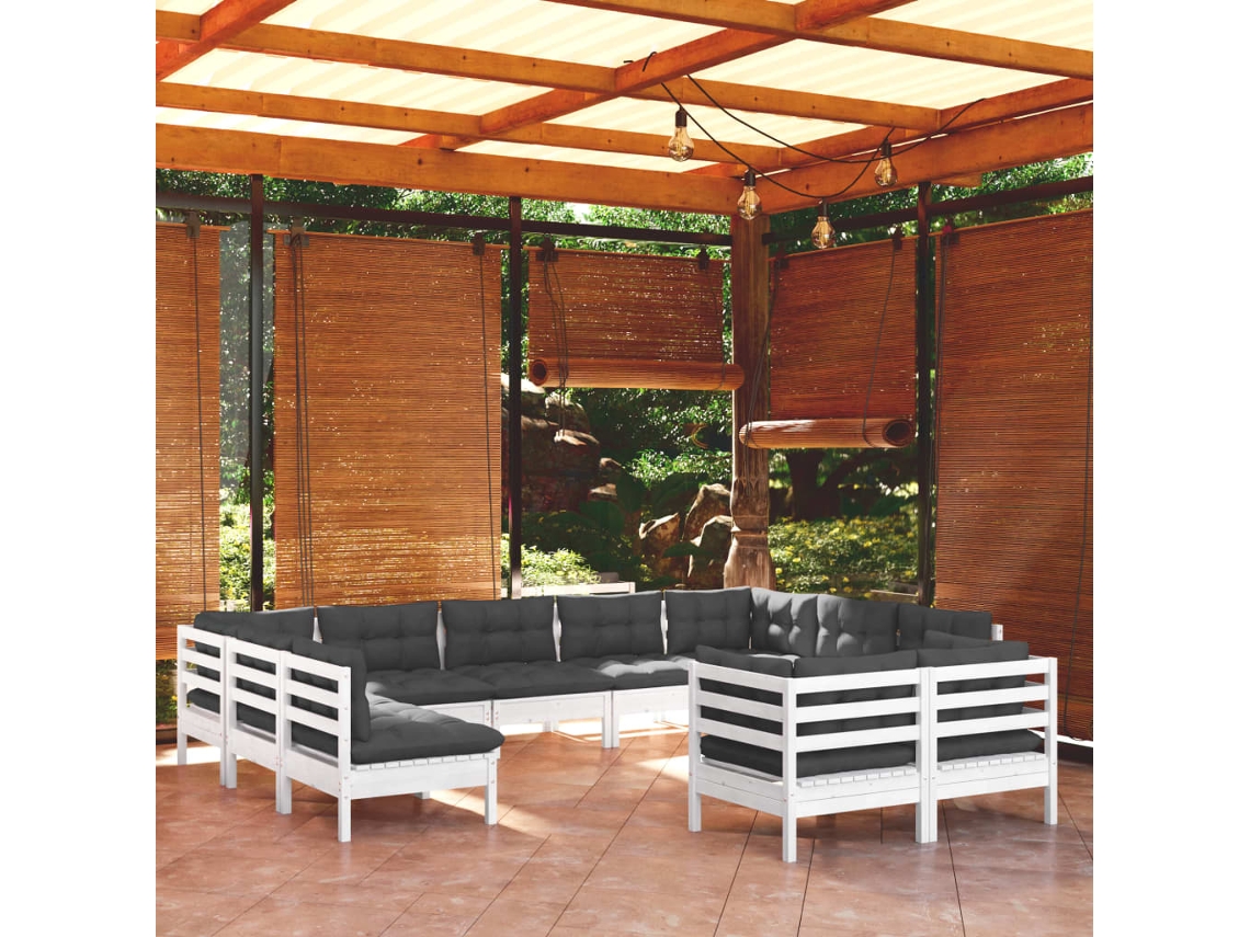 Vidaxl 11 Pcs Conj. Lounge De Jardim C/ Almofadões Pinho Maciço Branco
