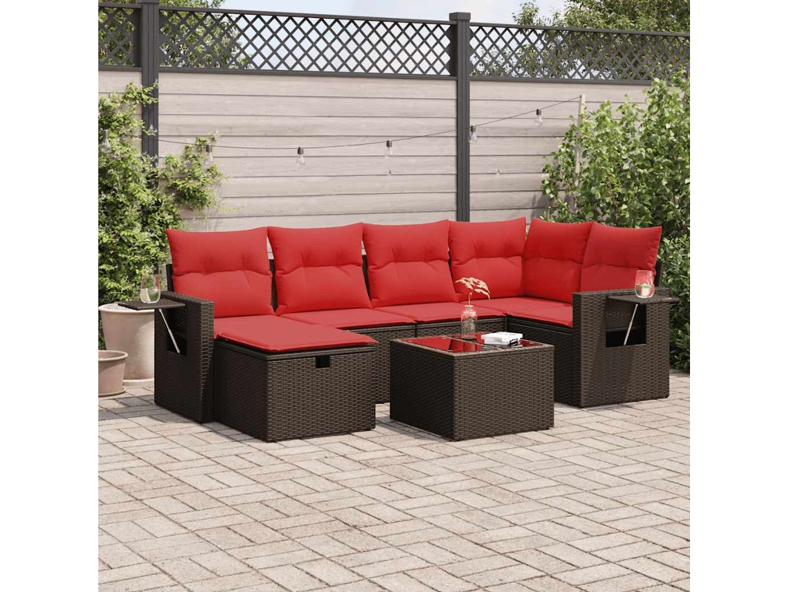 Vidaxl 7 Pcs Conjunto De Sofás Jardim C/ Almofadões Vime Pe Castanho