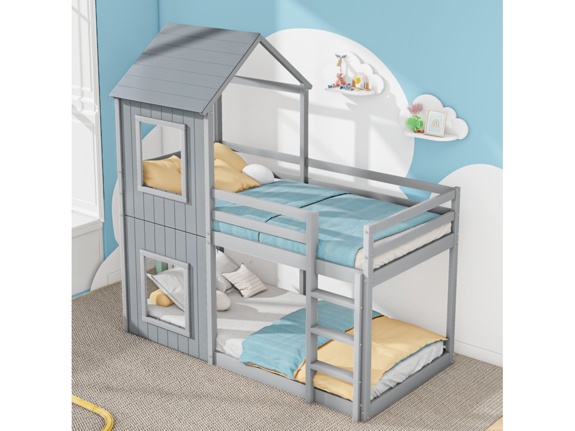 Beliche Infantil Estilo Cabana, 90x200 Cm, com Escada e Dossel, Madeira Maciça, Cinza. VSOGA