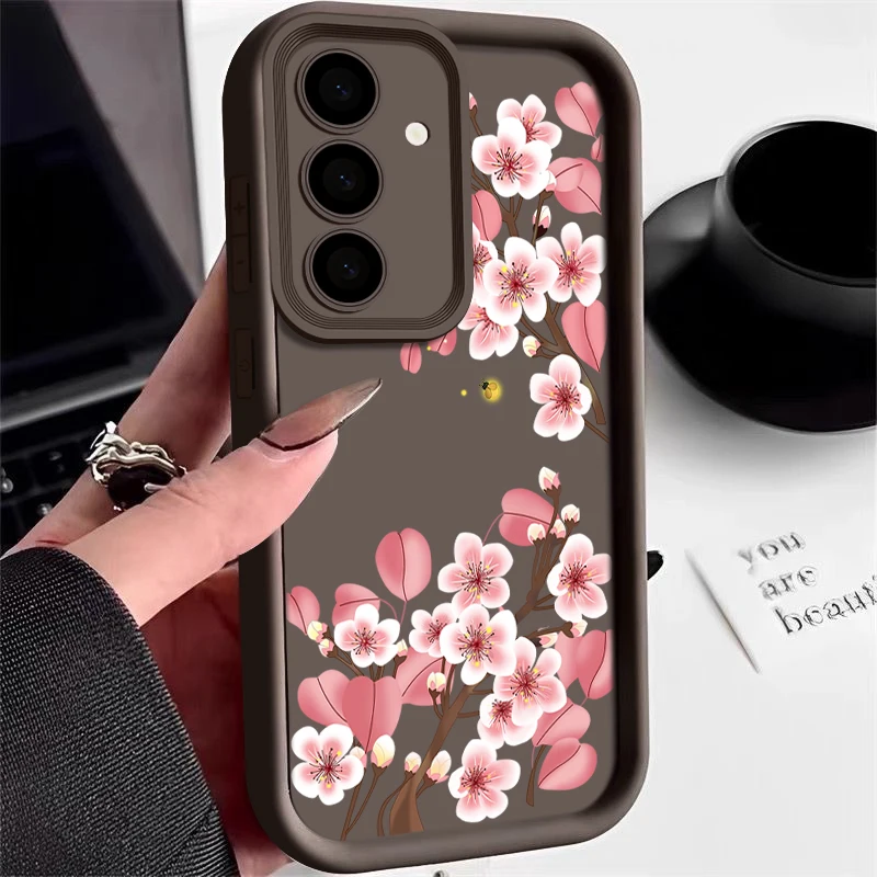 (café) Capa Para Celular Samsung Galaxy A35 Com Estampa De Flor De Pêssego Rosa
