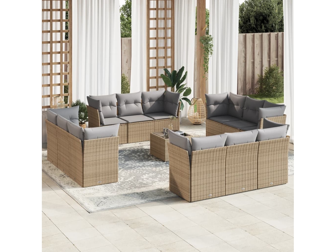 Vidaxl 13 Pcs Conjunto De Sofás P/ Jardim Com Almofadões Vime Pe Bege