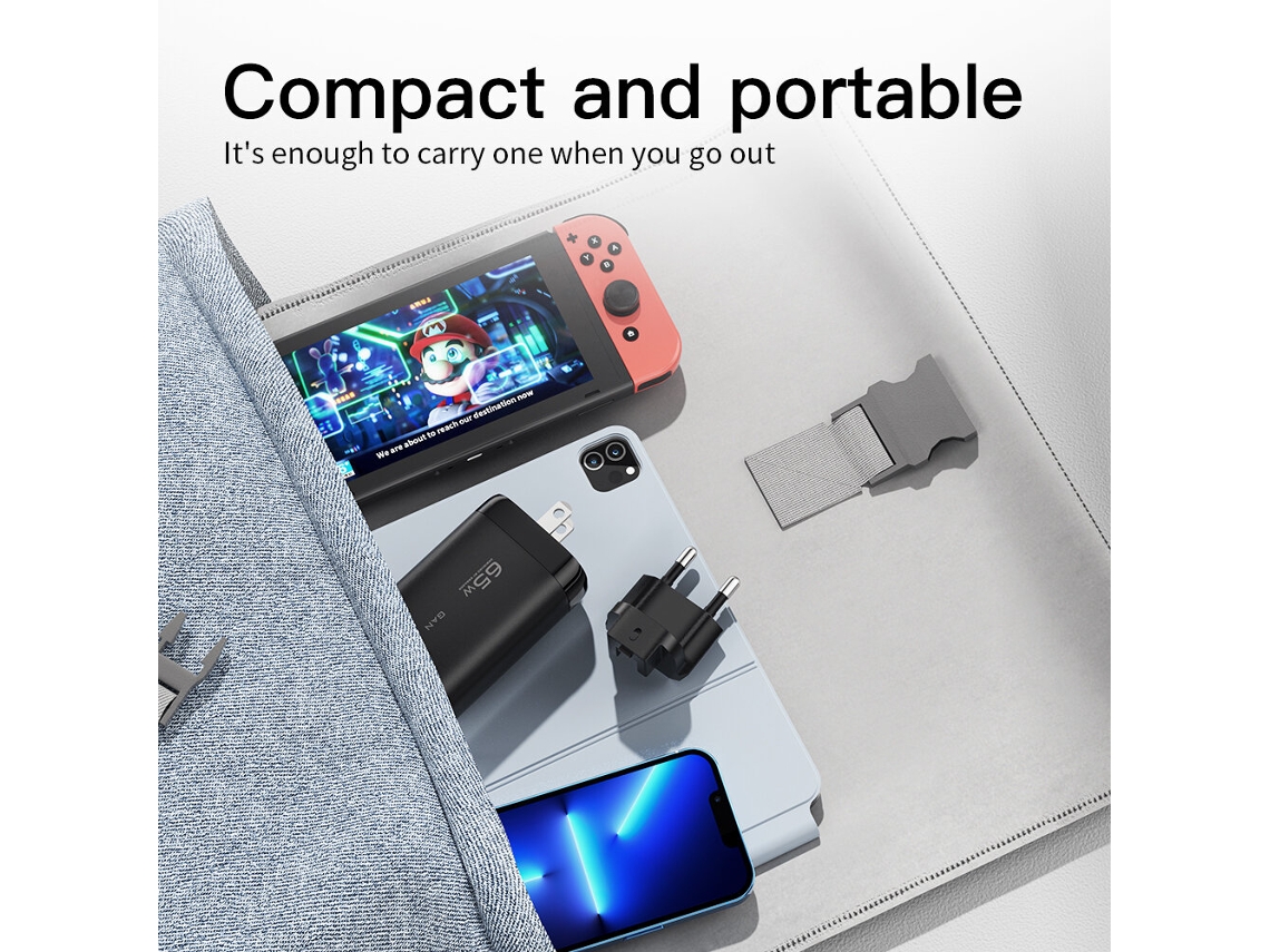 Gan Tech Carregador De Parede Essager 65w Com 3 Portas Usb Pd (2 Type-c Usb-a), Carregamento Rápido Pd3.0 E Qc3.0