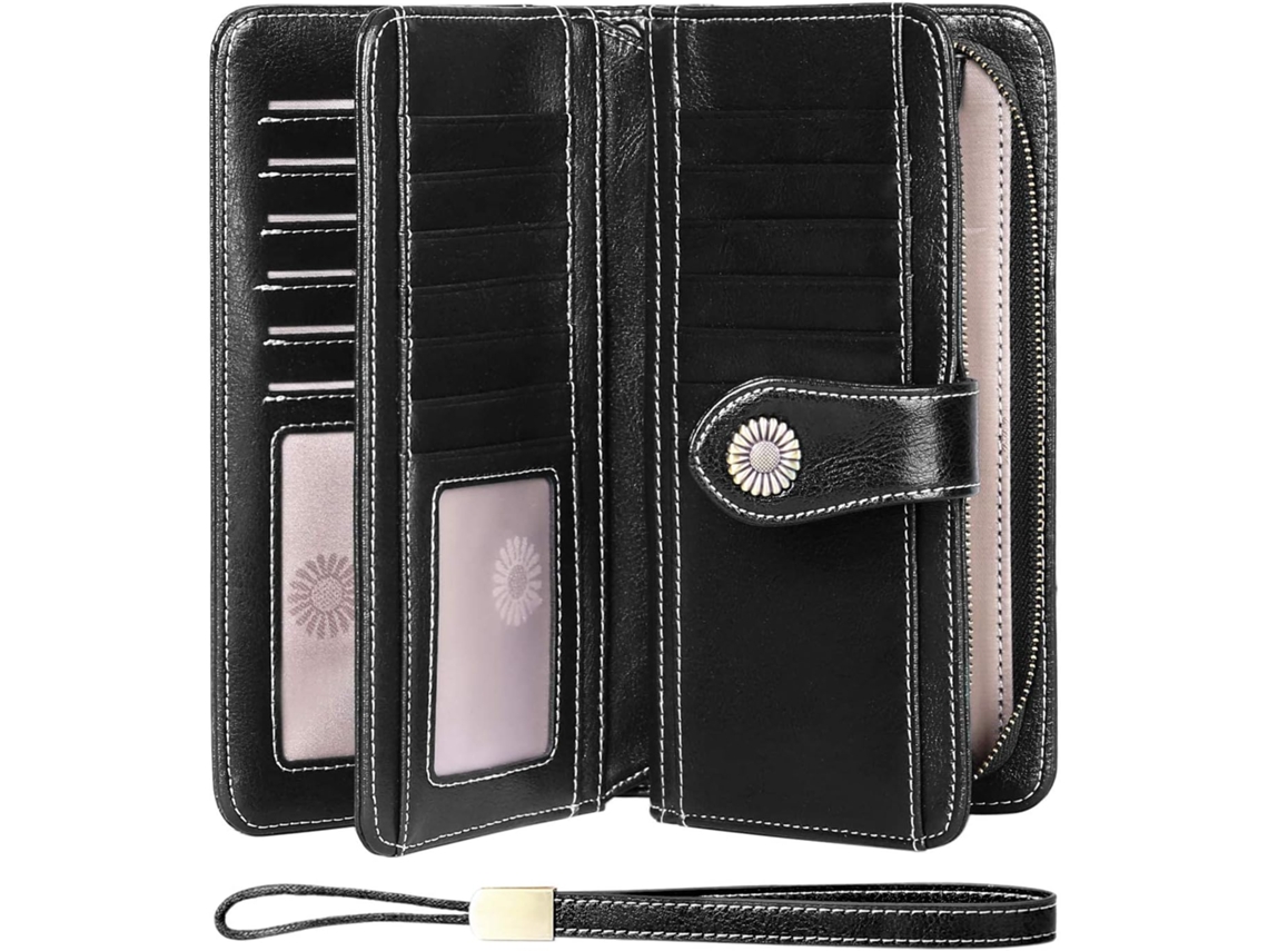 Carteira Grande De Senhora Com Proteção Rfid - Clutch Longa Com 24 Ranhuras Para Cartões E Alça De Pulso