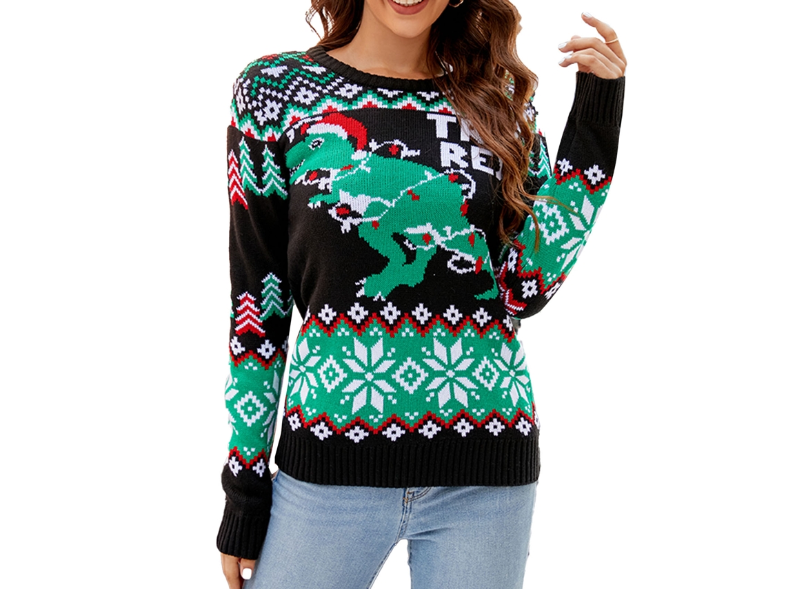 Suéter De Natal Para Mulher Com Gola Redonda E Mangas Longas, Suéter Casual De Dinossauro De Natal A1043 S