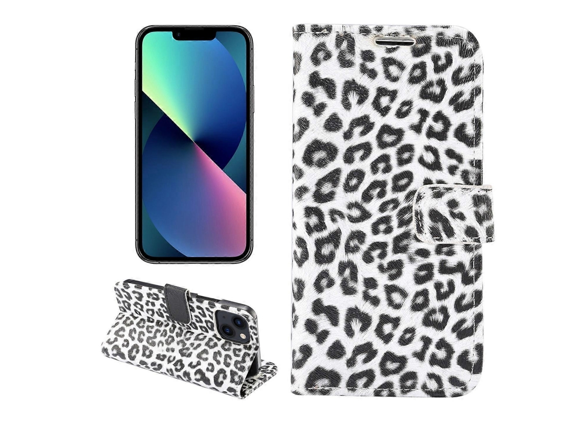 Capa De Couro Com Flip Horizontal E Estampa De Leopardo Para Iphone 14 Plus, Branca