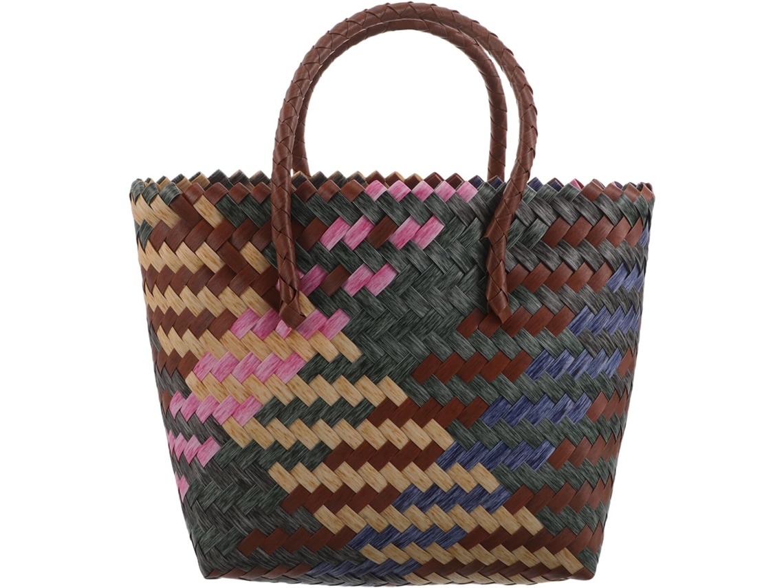 Bolsa Feminina De Tecido Trançado Com Blocos De Cores, Estilo Boho Praiano, Ideal Para Compras E Passeios De Verão.