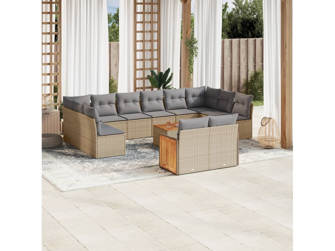 Vidaxl 13 Pcs Conjunto De Sofás P/ Jardim Com Almofadões Vime Pe Bege