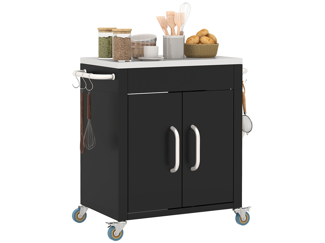 Carrinho De Cozinha Em Aço Inoxidável Com Armário E 6 Ganchos, 86x50x86.5 Cm, Preto