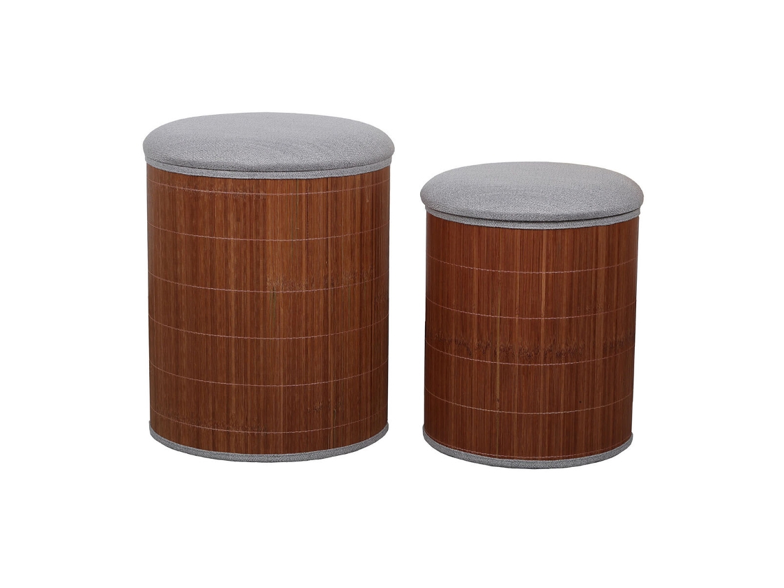 Puff Versa Cinza Linho Bambu Madeira Mdf