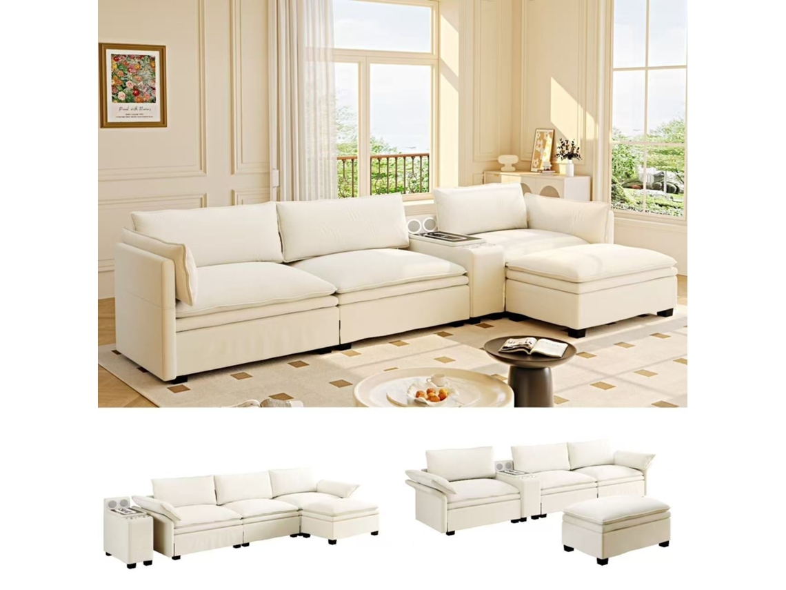 Sofá Modular L 315 Cm 4 Lugares Arrumação, Otomana, Wireless NOVELA
