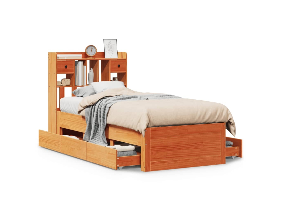 Cama com Estante Pinho Maciço Castanho Mel MAISON EXCLUSIVE (100x200 cm)