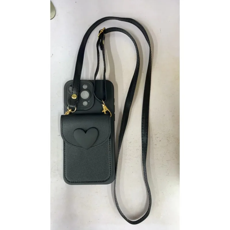 (iphone 16 Preto) Colar Transversal Fofo Com Porta-cartões E Capa De Celular Com Estampa De Coração