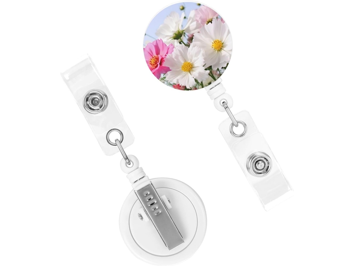Porta Crachá Retrátil Resistente, Com Carretéis Crachá Estampa Floral Rosa E Branca, Chaveiros Reforçados E Porta