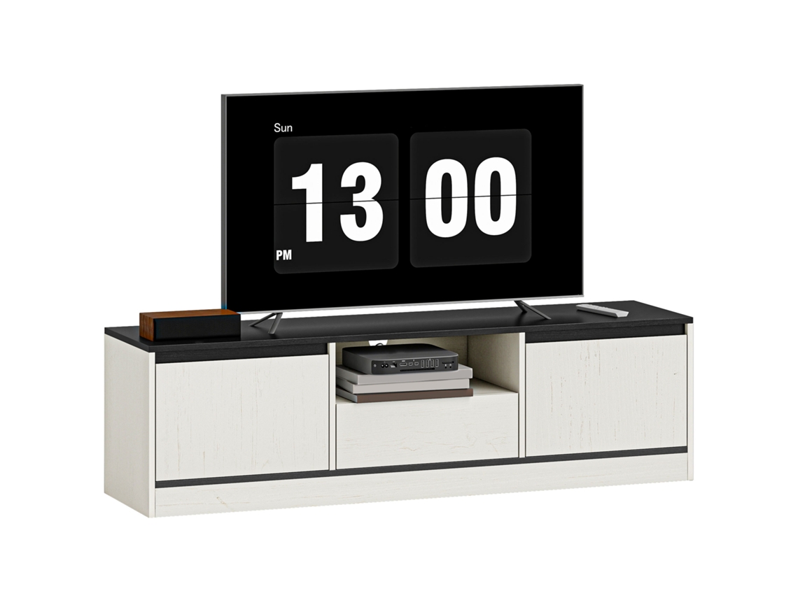 Suporte Para Tv Para Televisores De Até 60 Polegadas Com 2 Armários, 1 Prateleira Aberta E 1 Gaveta, Design Moderno, 140x35x40cm, Preto E Branco