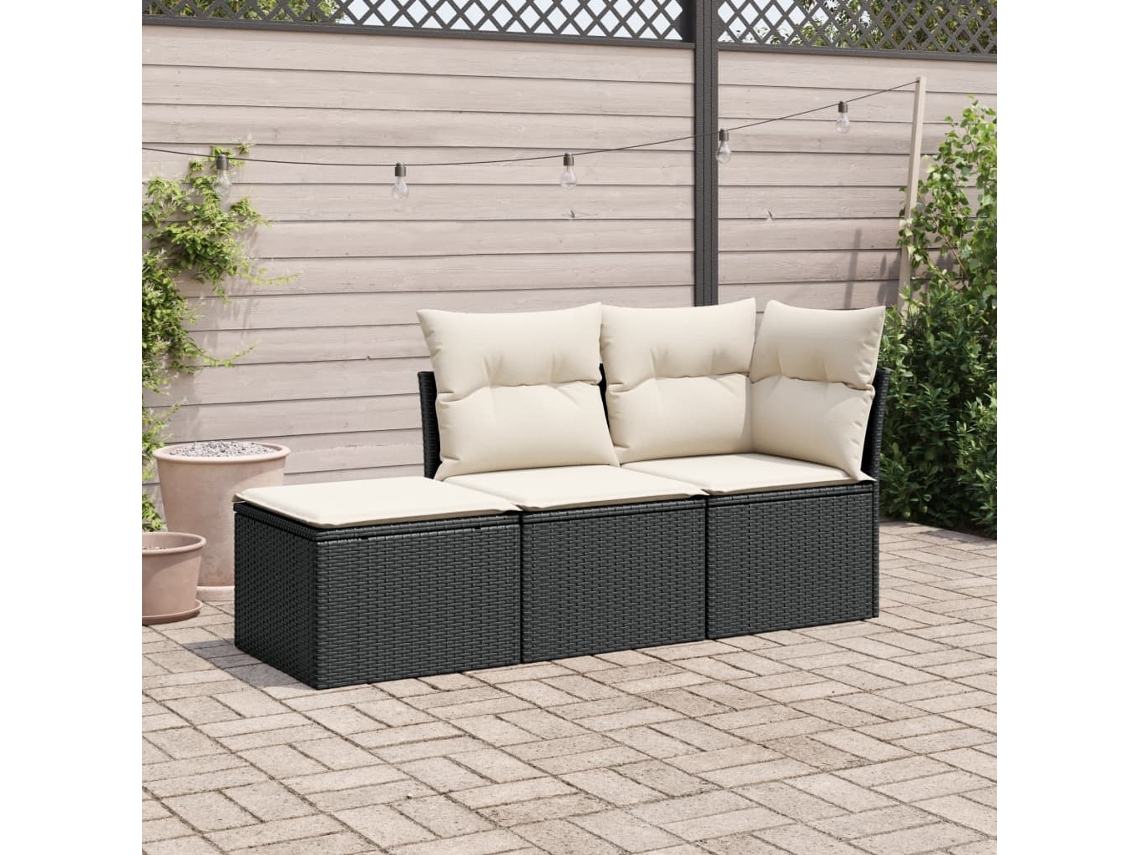 Conjunto de sofá de jardim de 3 peças com almofadas Vime Pe preto Lovely Home