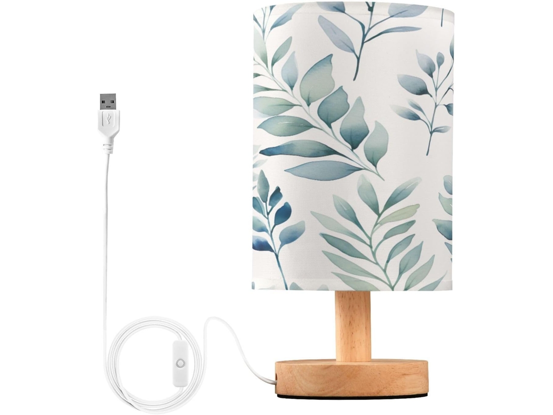 Abajur De Cabeceira Com Estampa Folhas Em Aquarela, Portas De Carregaje USB C, Luminária De Mesa Cabeceira, Luminária