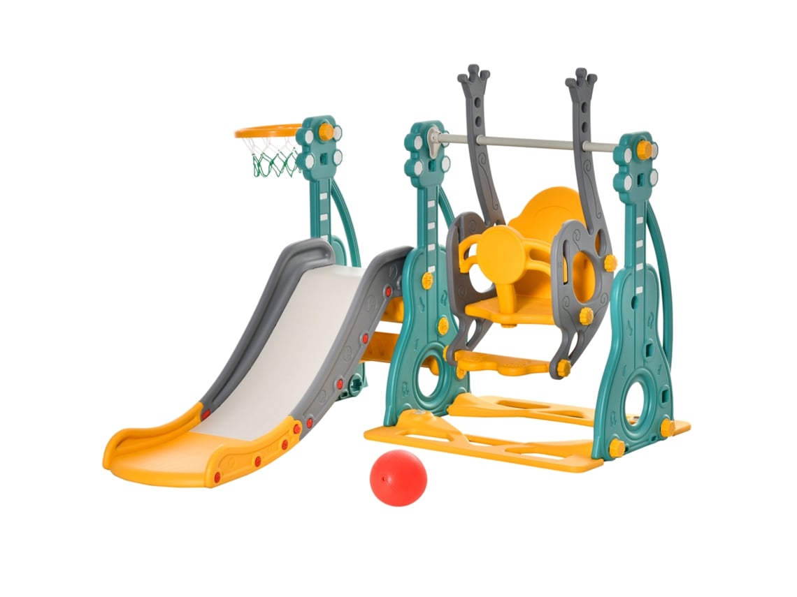 Escorega Infantil Com Baloiço E Cesta De Basquetebol 3 Em 1 Para 18-36 Meses Com Assento Ajustável Parque Para Interior E Exterior 152x149x107cm
