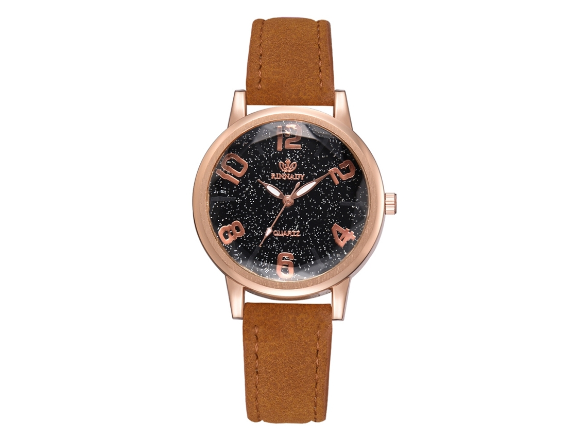 Relógio de Pulso Feminino de Liga com Pulseira Pu Estilo Simples Dial Redondo Movimento de Quartzo Café