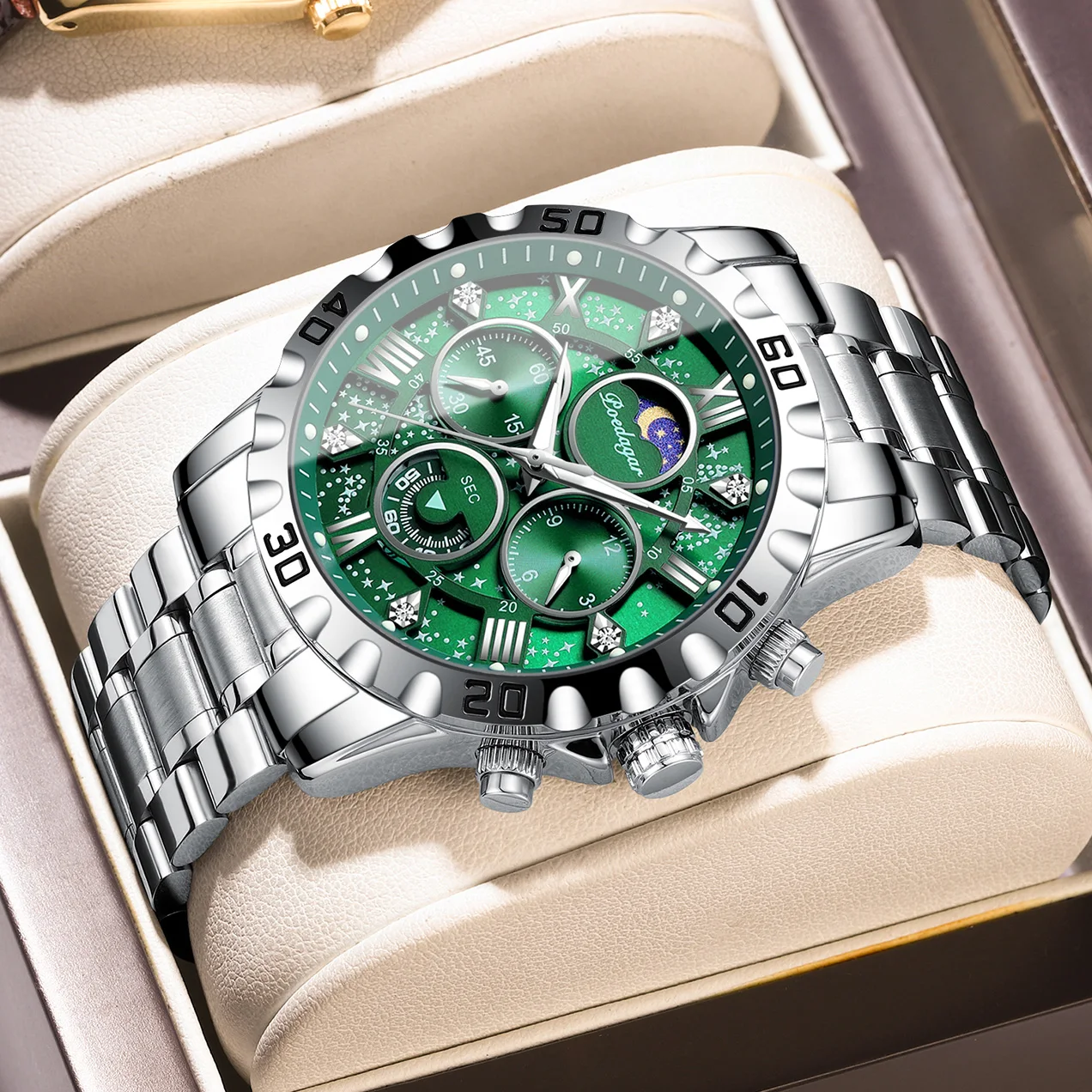(Verde-roxo) Relógio masculino elegante para negócios, Prova D'água, cronógrafo luminoso