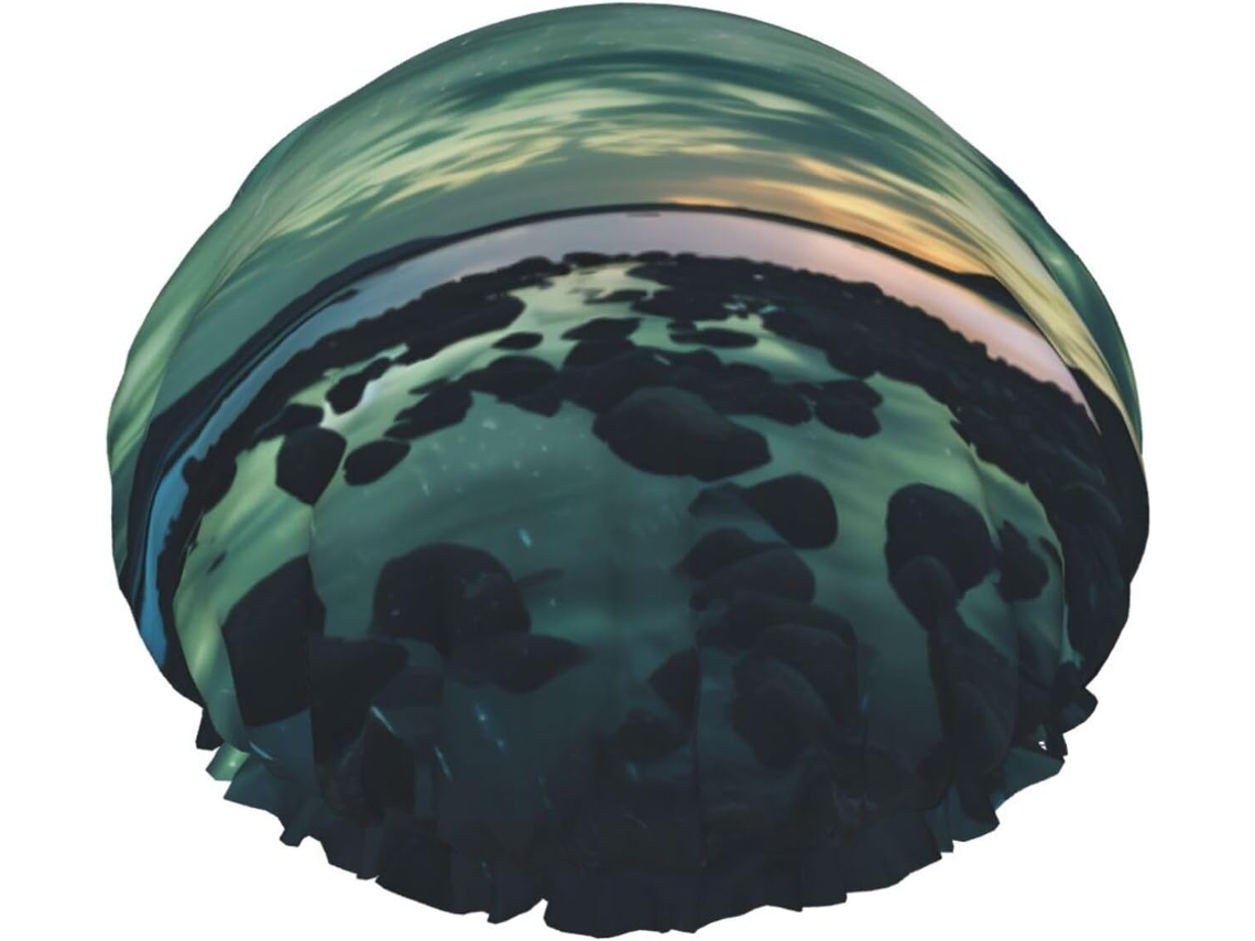 Touca De Banho Feminina Mar Sob Aurora Boreal, Impermeável, Reutilizável, Com Cordão Elástico Lavável, Adequada Para
