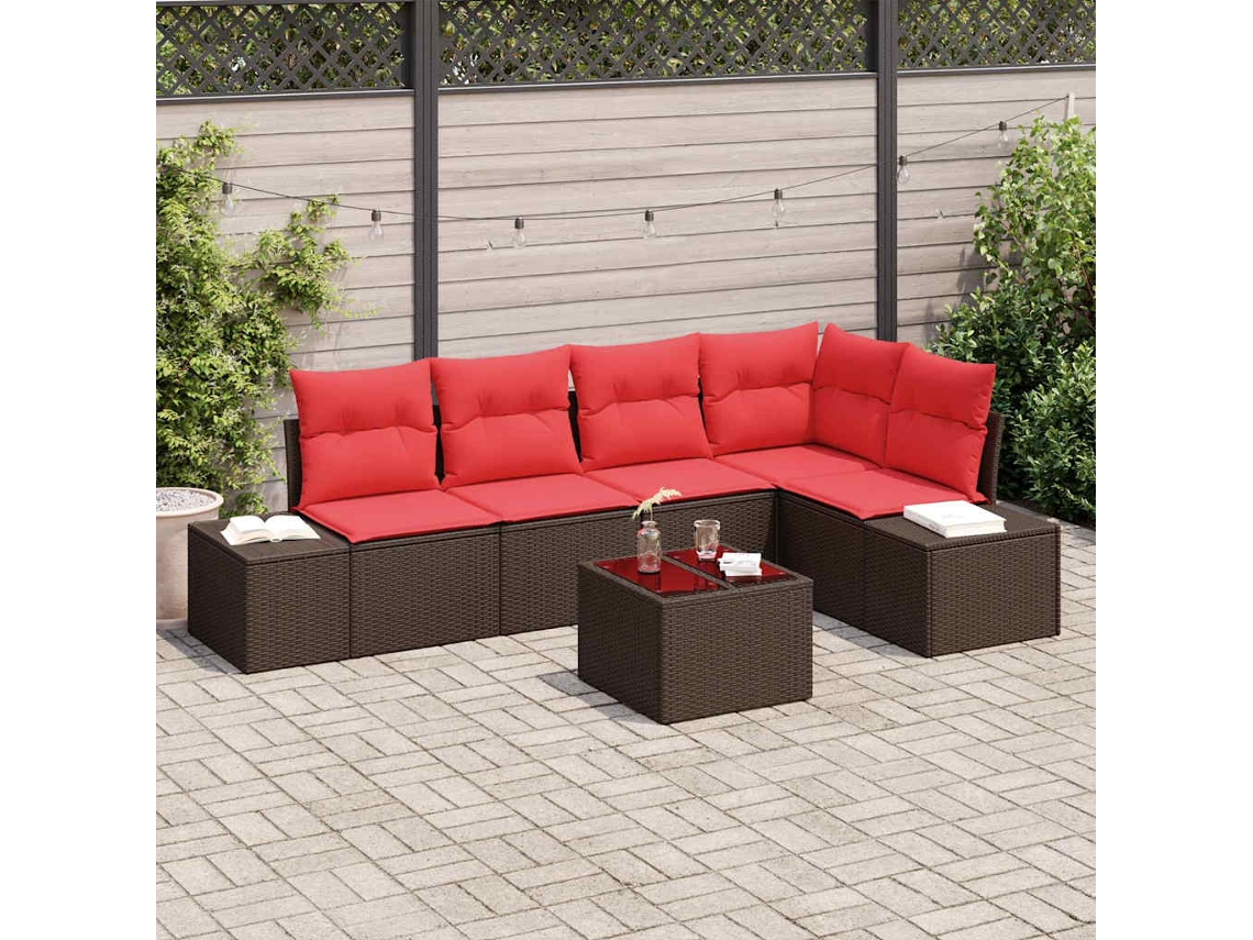 Vidaxl Conjunto De Sofá De Jardim Marrom E Vermelho Vime Pe