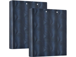 Pasta escolar com três argolas e sacolas, estampa abstrata de ondas em azul escuro, 1 unidade, dobrada em 5 partes, pacote com 1 pasta com 2 unidades.