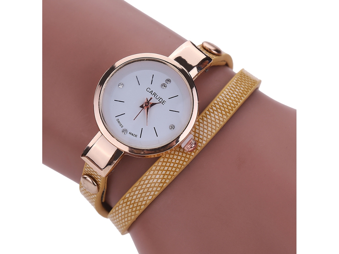 Relógio de Pulso Feminino de Moda com Pulseira de Couro Pu Estreita e Strass Bege