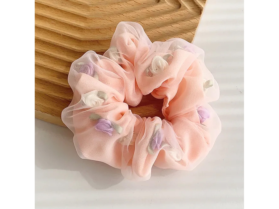 Chuchu Duplo Espessura Para Cabelo Em Tecido Doce Com Rosas Em 3d Rosa