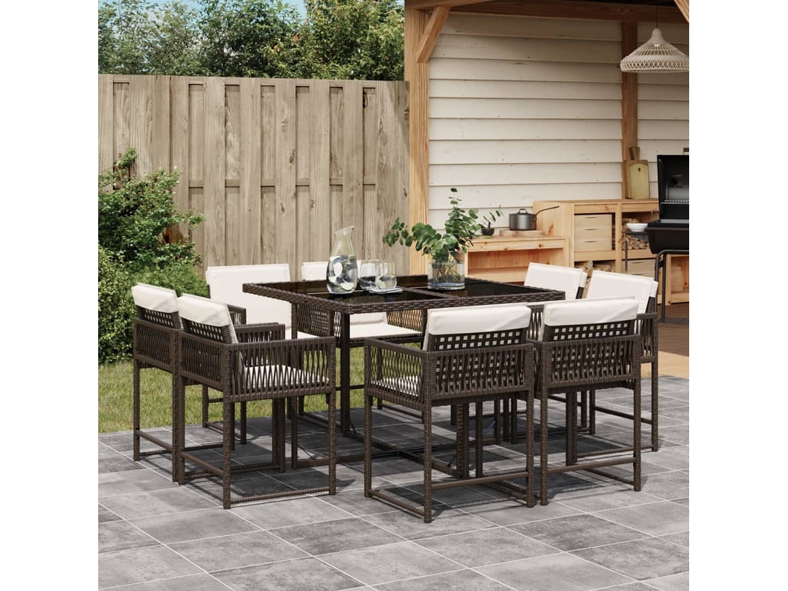 Conjunto 9 Peças Jantar P/ Jardim C/ Almofadões Vime Pe Marrom Dkd Home Decor
