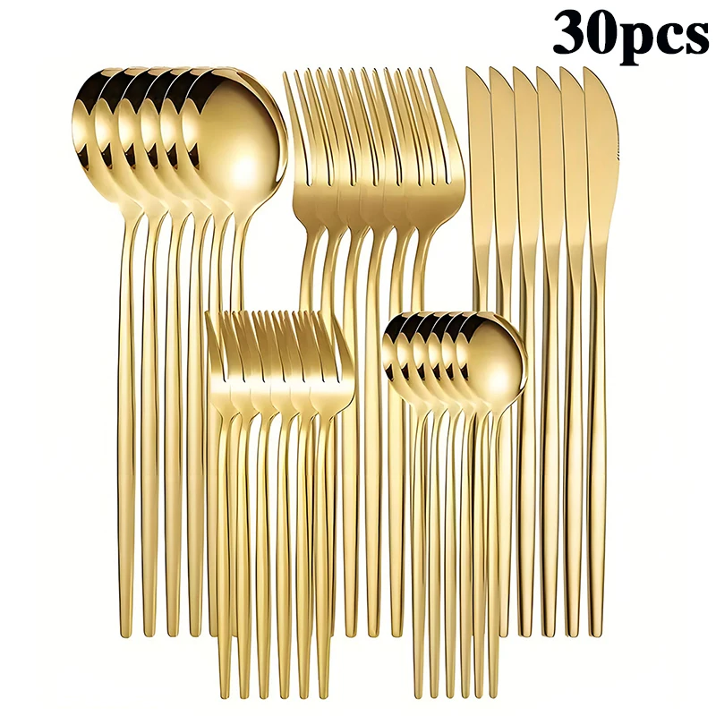 Conjunto De Talheres De Aço Inoxidável (30 Peças Douradas), Luxuosos Utensílios De Mesa Portugueses, Perfeitos Para Encontros Festivos.