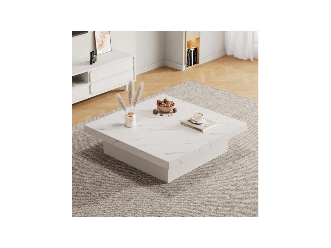 Mesa De Centro Quadrada Branca Moderna Com Aparência De Mármore,90 X 90 X 25 Cm Quatro Gavetas,tampo Deslizante,capacidade De Carga Quenty
