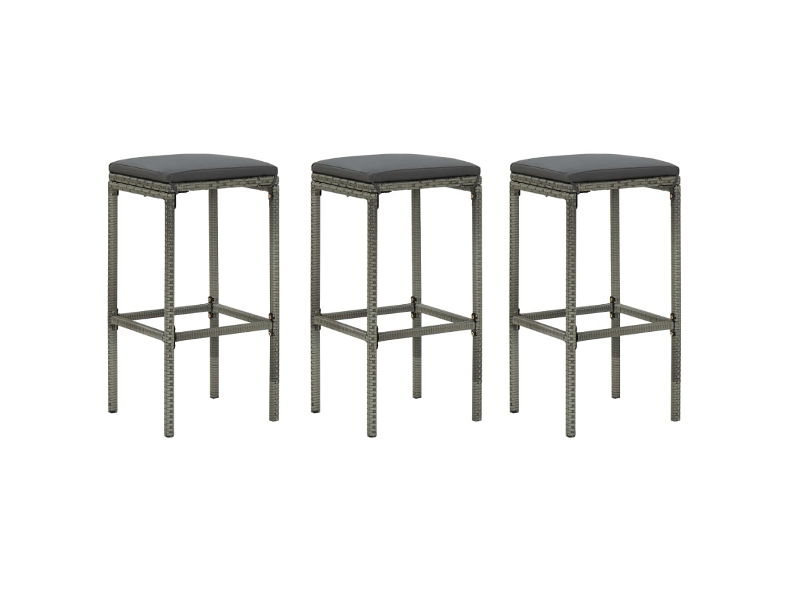 Vidaxl Bancos De Bar Com Almofadões 3 Pcs Vime Pe Cinzento