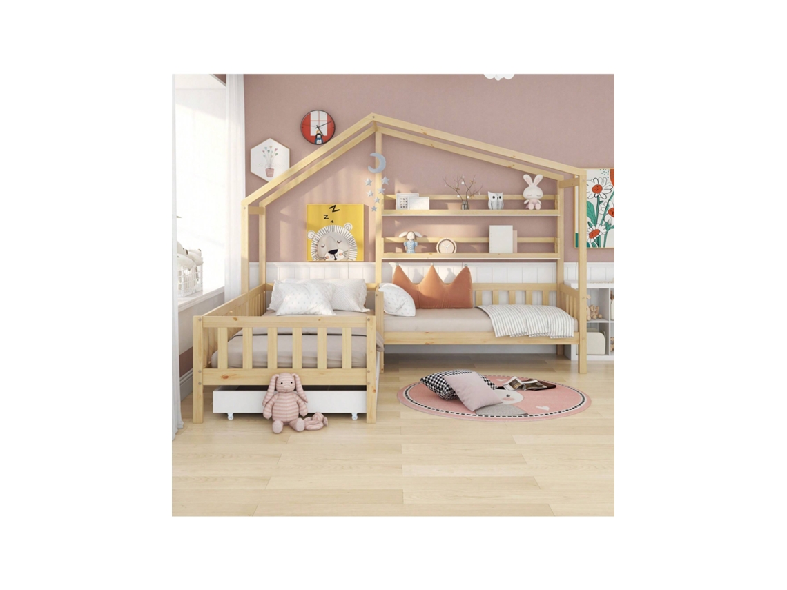 Berço Infantil Em Madeira Maciça Com Gavetas, Prateleiras E Grade De Proteção, Estrutura Em L, Medidas 90x200 Cm 140x70 Cm, Cor Natural Quenty