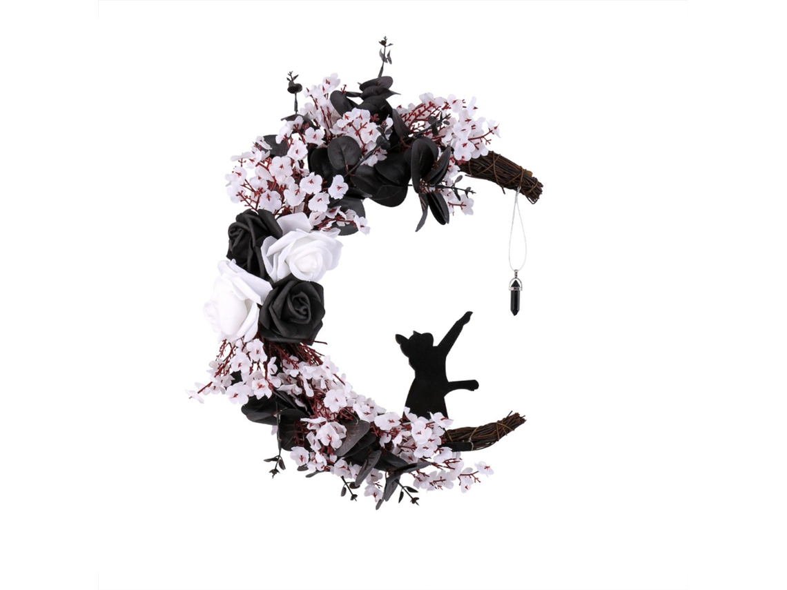 Decoração Halloween Com Flor Rosa Preta Branca, Ramo Morto E Guirlanda Com Gato E Lua Pela Laxiscreed