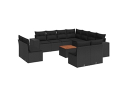 Conjunto de 12 Sofás de Jardim com Almofadões Vime Pe Preto MAISON EXCLUSIVE