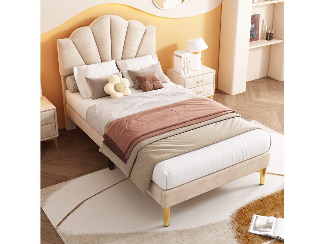 Cama Solteiro Bege 90x200cm Veludo, Concha, Pernas Douradas.-op