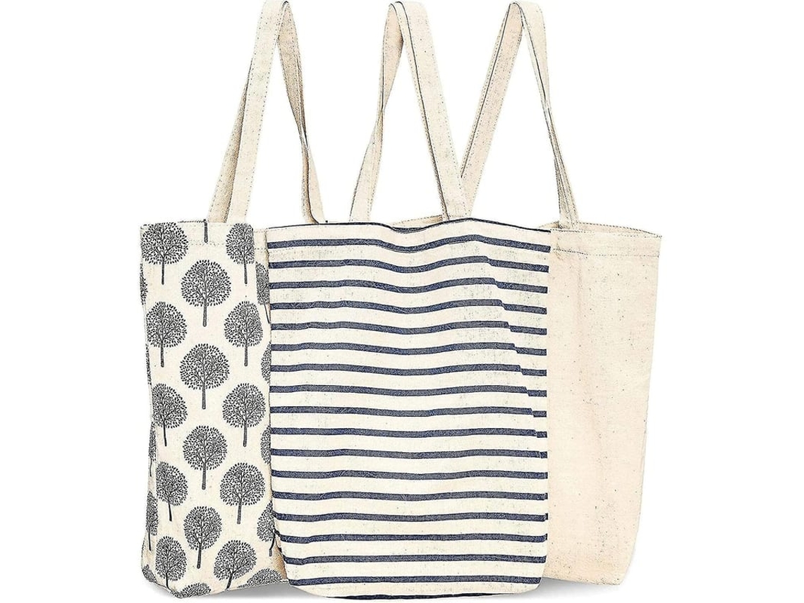 2026-3 Sacolas de Compras Reutilizáveis de Algodão, 3 Modelos, 38 x 42 x 9 cm