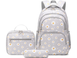 Mochila Escolar Feminina com Estampa de Margaridas, Ideal para Meninas do Ensino Fundamental, com Lancheira Inclusa BRILVIBERA (cinza)