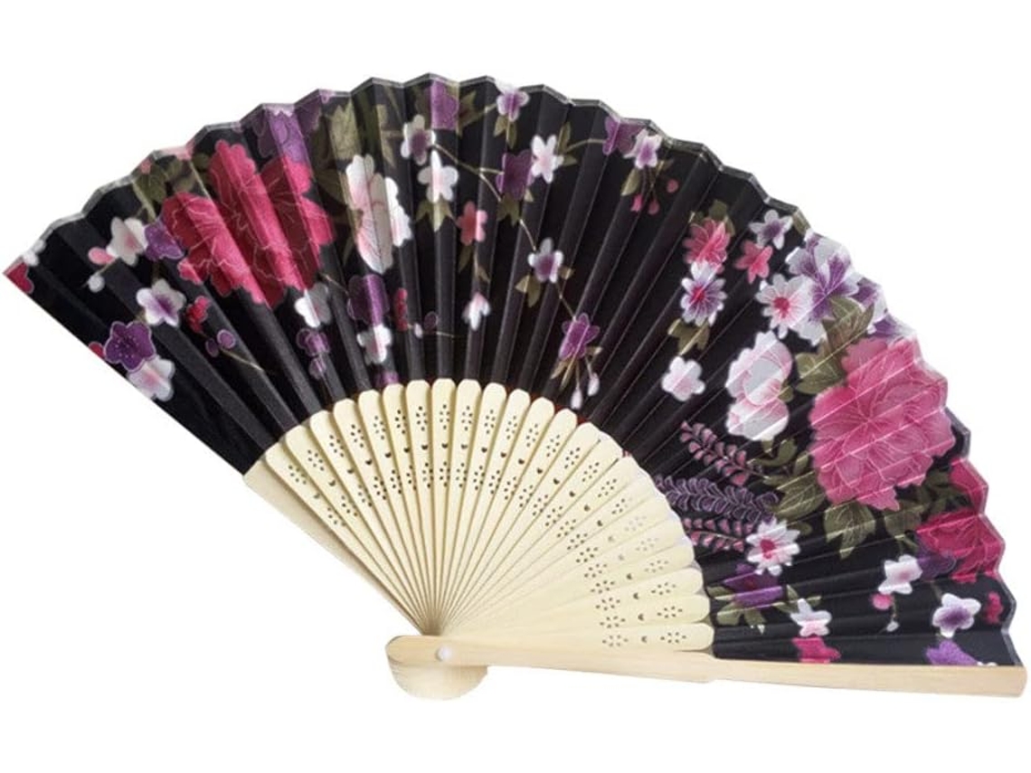 Leque de bambu dobrável tradicional chinês vintage feito à mão com flores, ideal para dançarinas chinesas. Presente perfeito para quem busca um presente de bolso.