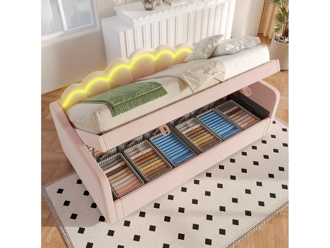 Sofá cama Rosa 90x200 Led Hidráulica Juvenil