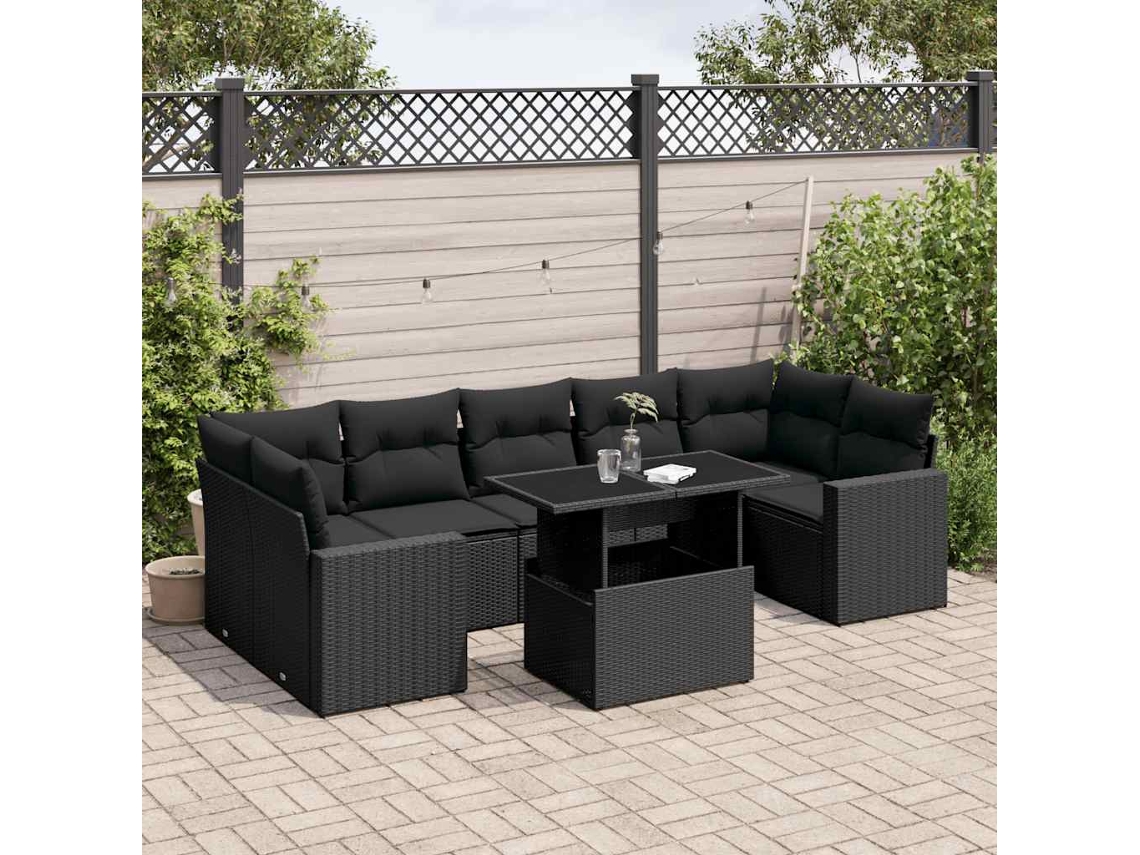 Vidaxl 8 Pcs Conjunto Sofás De Jardim Com Almofadões Vime Pe Preto